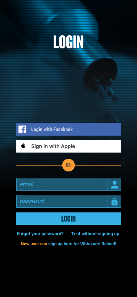 Vihtavuori Reload - Tela de login do aplicativo Vihtavuori Reload com opções de login via Facebook, Apple ou e-mail.