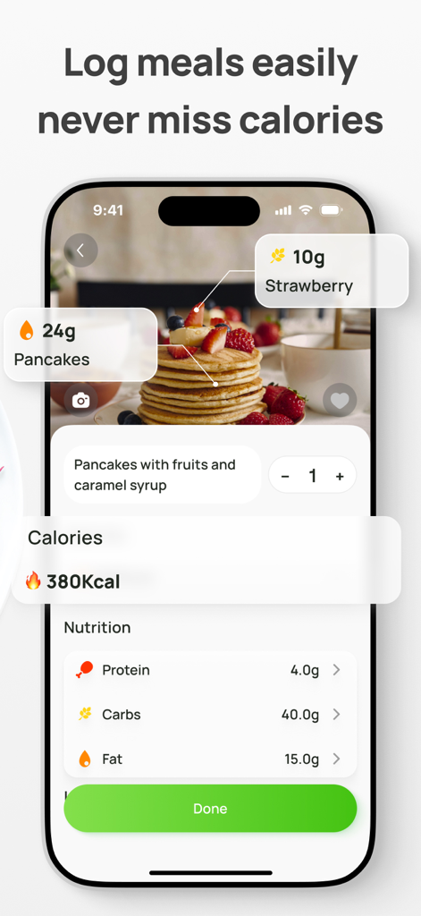 AI Calorie Counter & Meal Plan - KI-Kalorienscanner-App-Oberfläche, die Nährwertdaten und Kalorienzahl für einen Teller Pfannkuchen zeigt
