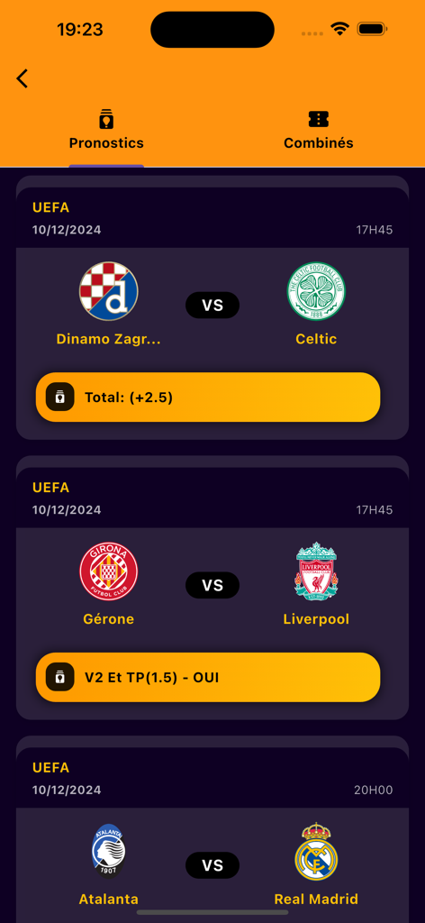 Chance 8 - Écran affichant les prédictions de matchs de football et l'analyse des paris dans l'application Chance 8