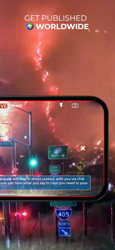 Smartphone screen showing a live news broadcast of a fire near a highway with the caption Get Published Worldwide