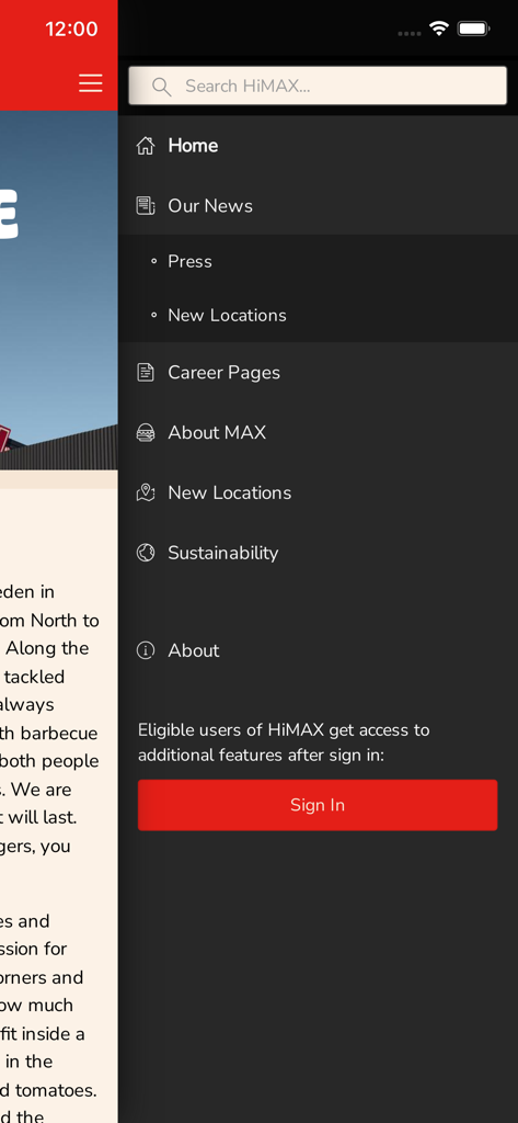HiMAX - HiMAX app side menu showing links to corporate news careers sustainability and about sections