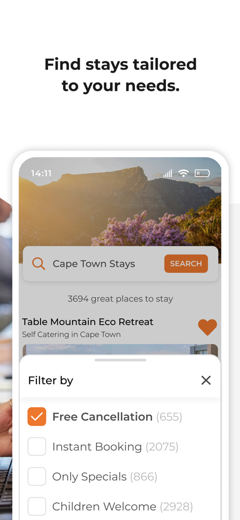 LekkeSlaap - LekkeSlaap app interface displaying accommodation search results for Cape Town with booking filters like free cancellation.