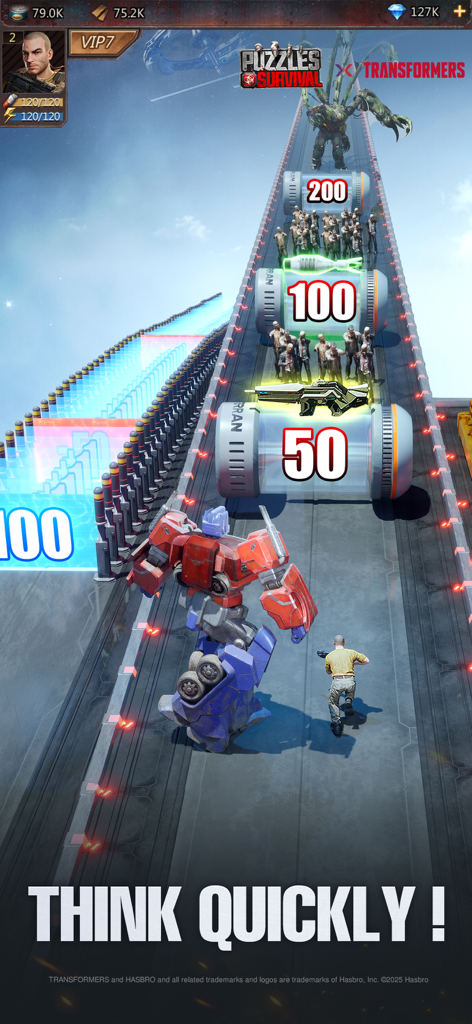 Puzzles & Survival - Optimus Prime character from Transformers running through a level in Puzzles and Survival game.