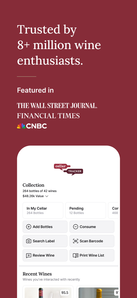 CellarTracker: #1 Wine Tracker - CellarTracker 앱 인터페이스에서 와인 컬렉션 가치 평가 및 Wall Street Journal, CNBC의 언론 보도 기능 표시