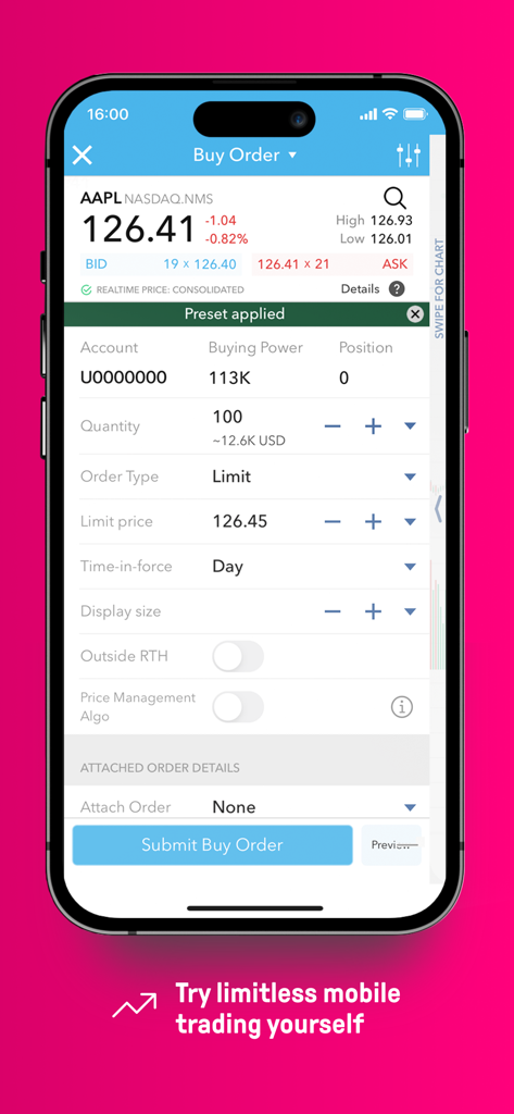 LYNX Trading - Professionelle mobile Kauforder-Oberfläche für Apple-Aktien in der LYNX Trading App.