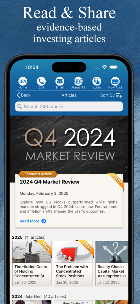 Index Fund Advisors - IFA mobile app interface showing a list of evidence based investing articles and a Q4 2024 market review featured post