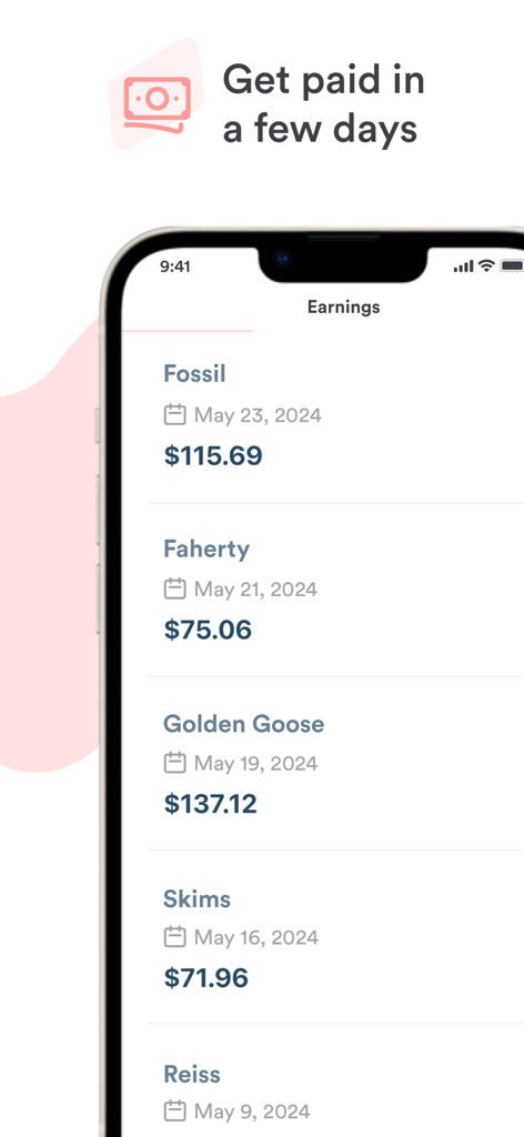 Reflex app earnings screen displaying payments from various retail brands like Fossil and Skims