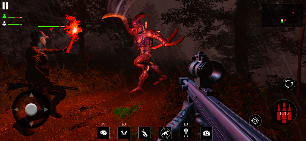 The Hunt Horror Multiplayer - First person view of players hunting a red monster in a dark rainy forest with a rifle and flare