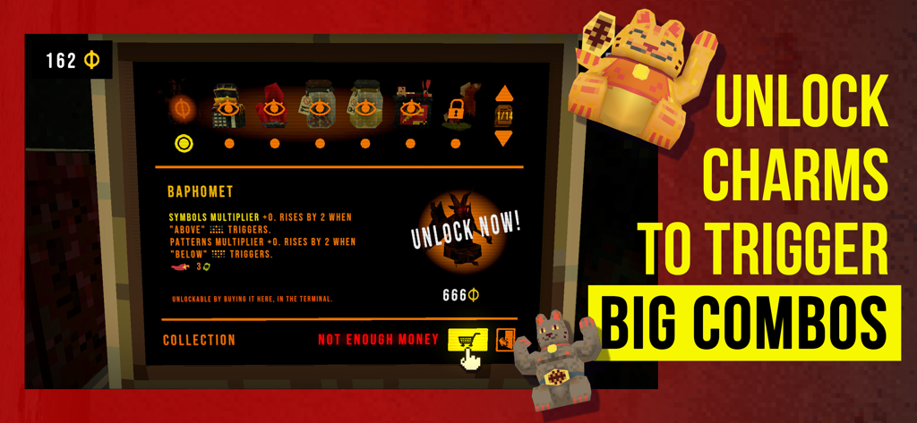 CloverPit - Menu de la boutique CloverPit montrant des charmes à débloquer pour déclencher de gros combos dans le jeu