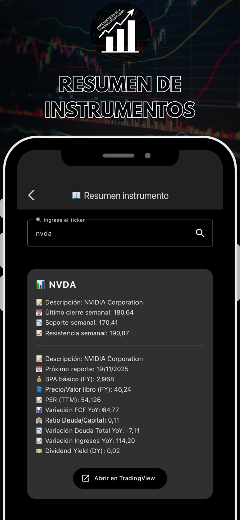 ATdesdecero - Stocks & Options - Mobile screen showing NVDA stock summary and financial metrics in Spanish