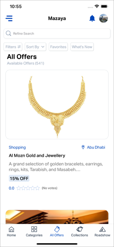 A screenshot of the Mazaya Offers mobile app showing a 15 percent discount on gold and jewelry in Abu Dhabi.