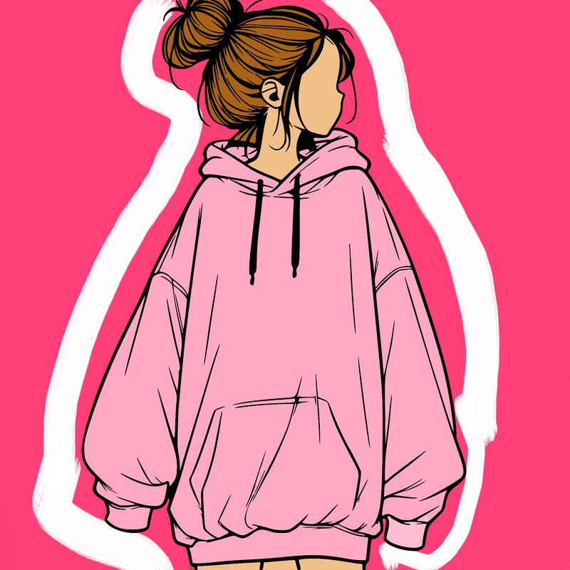 realistic girl with a oversized sweatshirt on and a bun