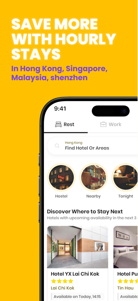 Flow Hotel & Workspace by Hour - Interfaccia dell'app mobile Flow che mostra opzioni per soggiorni in hotel ad ore e spazi di lavoro flessibili
