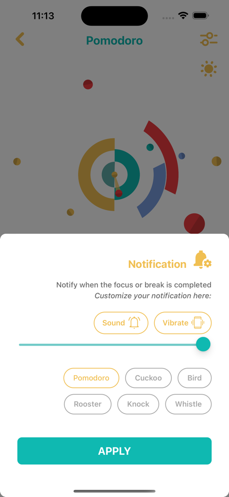 Pomodoro Daily - Menú de personalización de notificaciones de enfoque y descanso en la aplicación Pomodoro Daily que muestra opciones de sonido y vibración