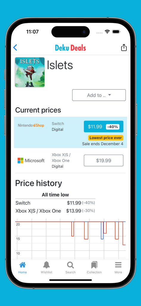 Captura de pantalla de la aplicación Deku Deals mostrando ofertas actuales y un gráfico detallado del historial de precios del juego Islets.