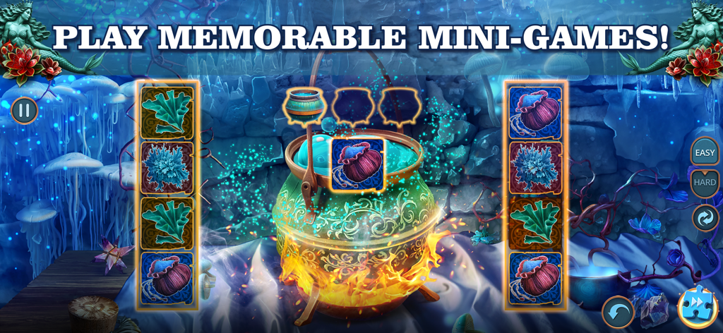 Hidden Objects: Journey F2P - Un minijuego de caldero de pociones mágicas en un entorno de fantasía oscura con ingredientes brillantes y champiñones