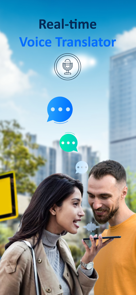 Un homme et une femme utilisant la fonction de traduction vocale en temps réel sur un smartphone dans un décor urbain