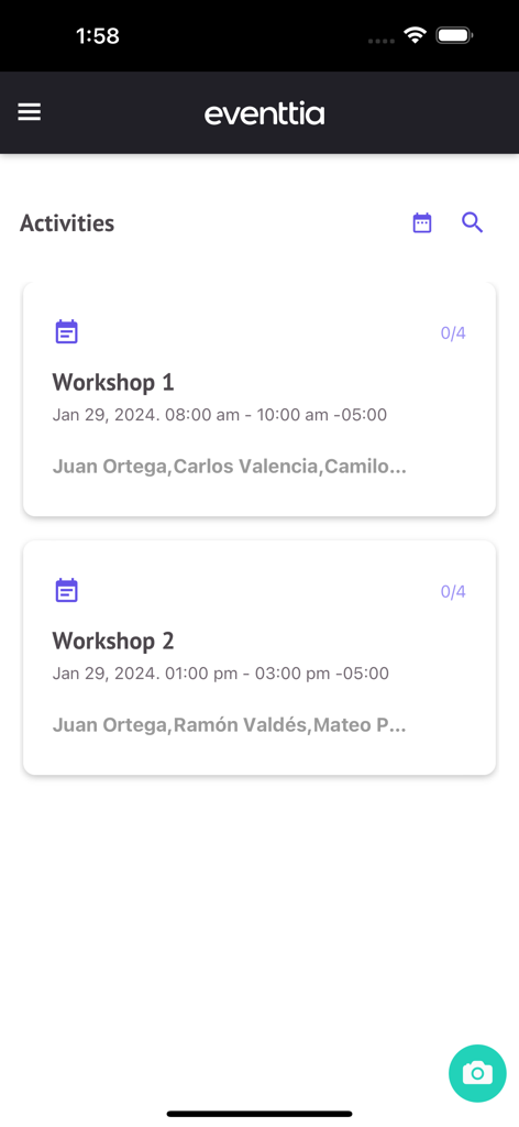Eventtia On Site - Mobile interface of Eventtia On Site app displaying a list of event workshops with dates and times