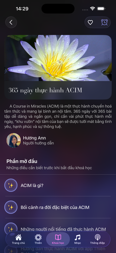 Course interface for 365 days of ACIM practice on Thiền Đương Đại app