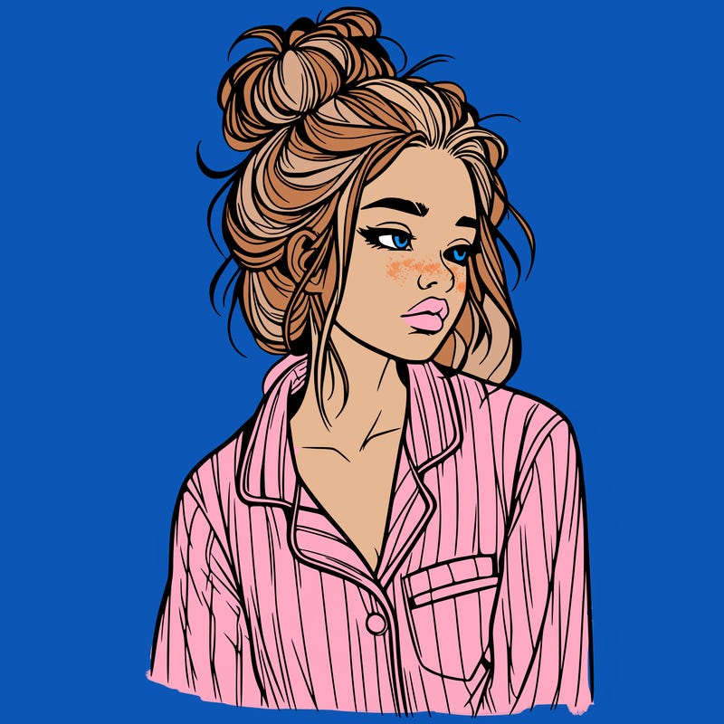 realistic woman with pajamas on and a messy bun