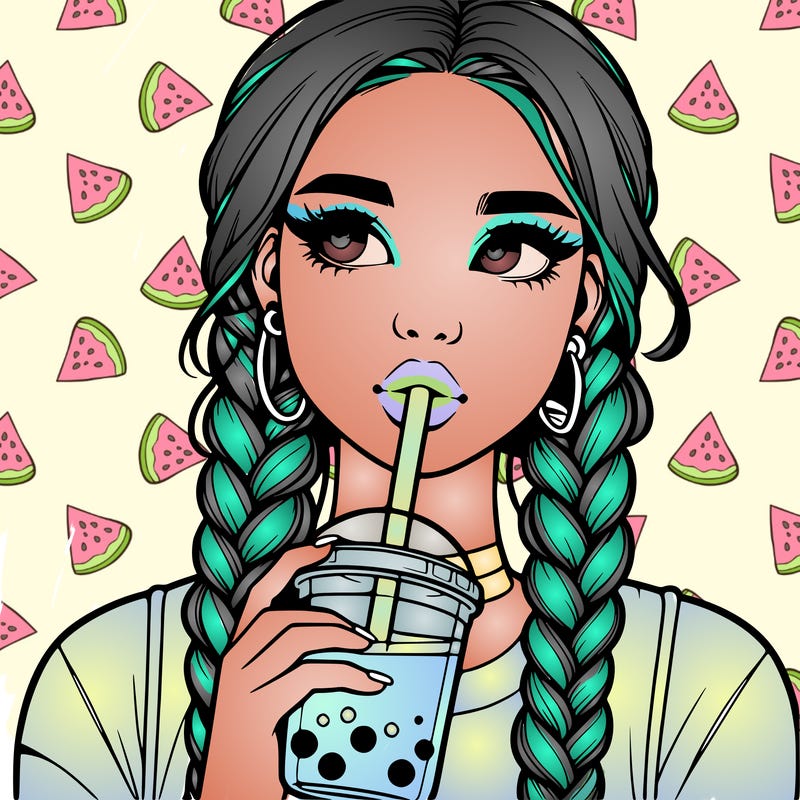 realistic girl with braided hair drinking boba