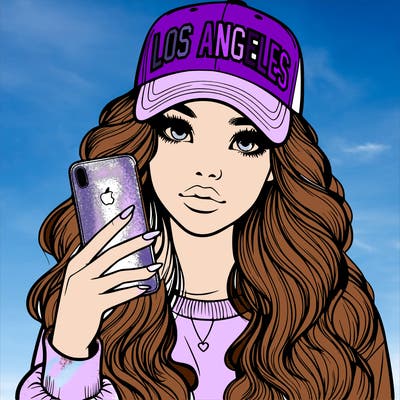 realistic beautiful girl wearing los ángeles cap holding an iphone