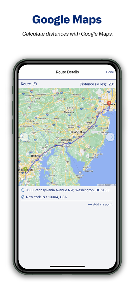 Continia Expense App interface showing a Google Maps route for mileage tracking between Washington and New York.