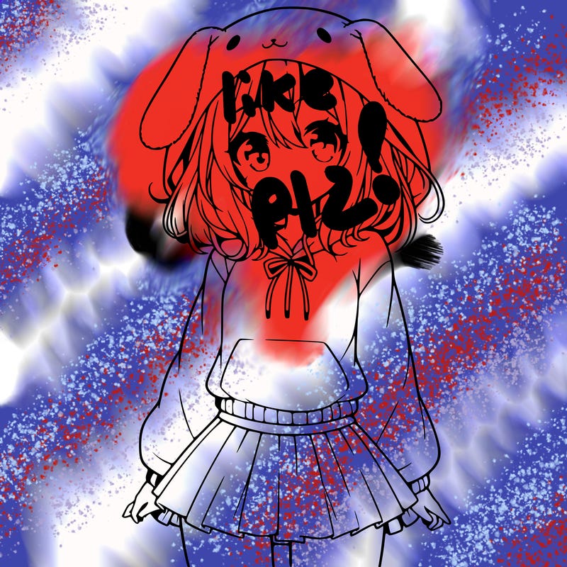 pretty anime girl wearing a fluffy hoodie with bunny ears on the hood and a skirt