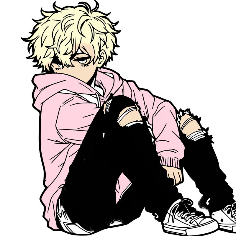 a male hoddie ripped jeans messy hair anime