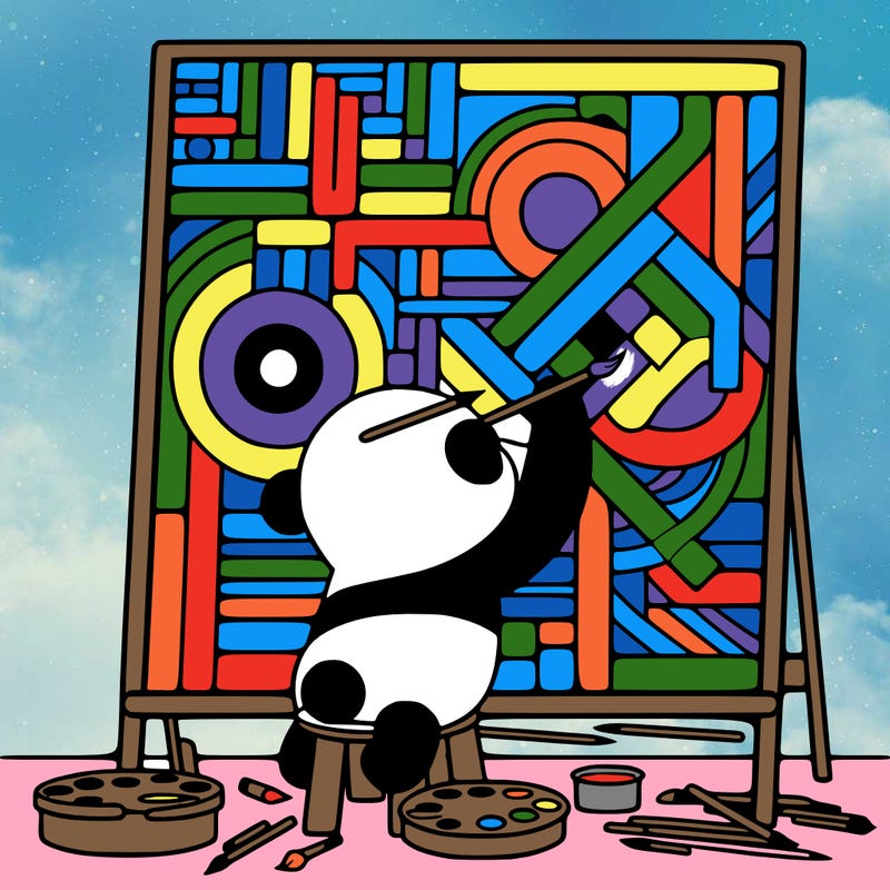 panda painting a large picasso painting while on a trailway