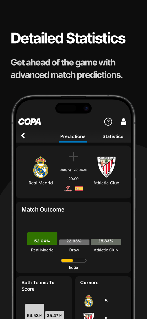 COPA: Football Predictions - Predicciones avanzadas de resultados de partidos y estadísticas detalladas de fútbol en la interfaz de la aplicación COPA