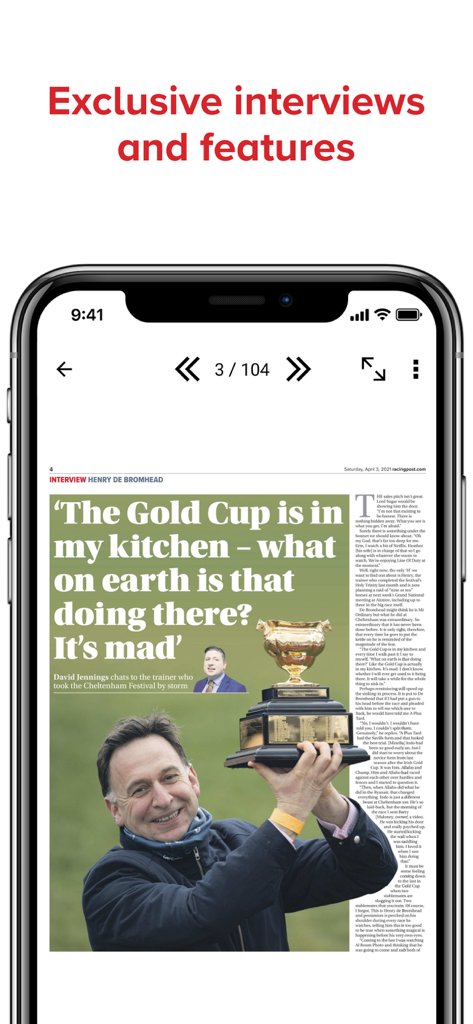 Racing Post Newspaper - Una página digital de la aplicación Racing Post que presenta una entrevista exclusiva con un entrenador de carreras de caballos que sostiene un trofeo