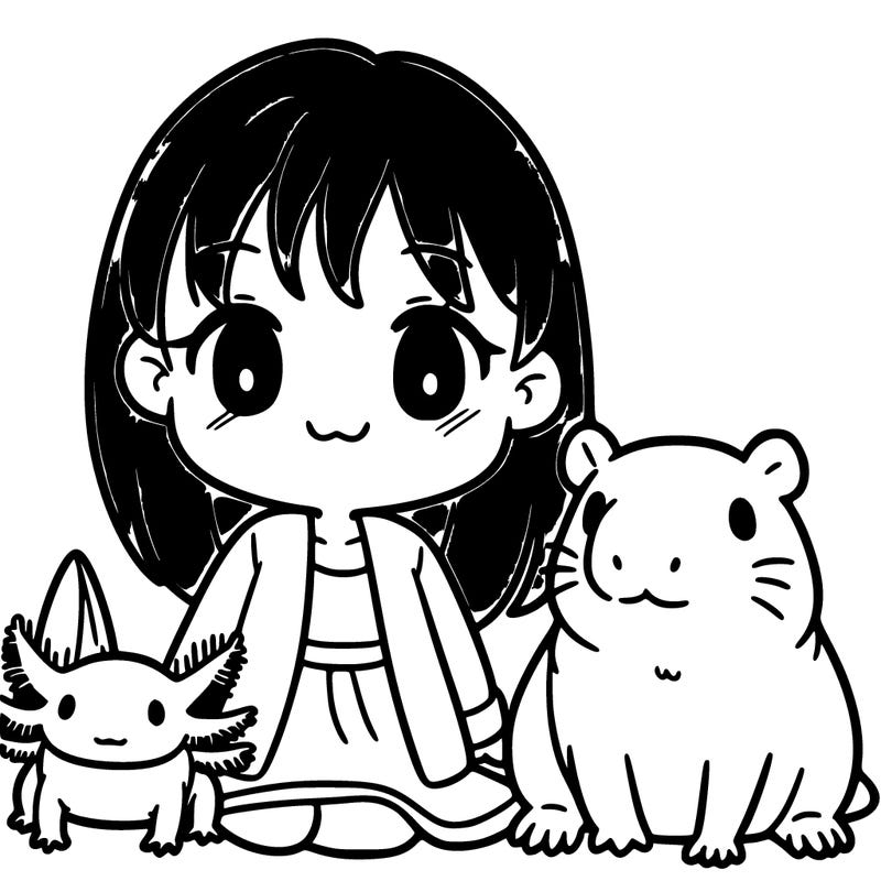 a cute girl with brown hair and next to her an axolotl and a capybara