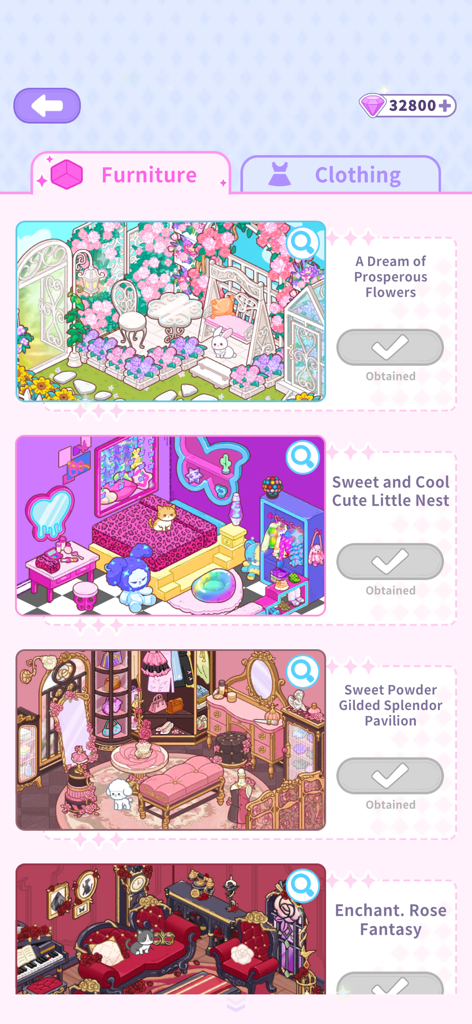 A list of themed furniture collections in the Pocket Life Decor Happy Room mobile game interface.