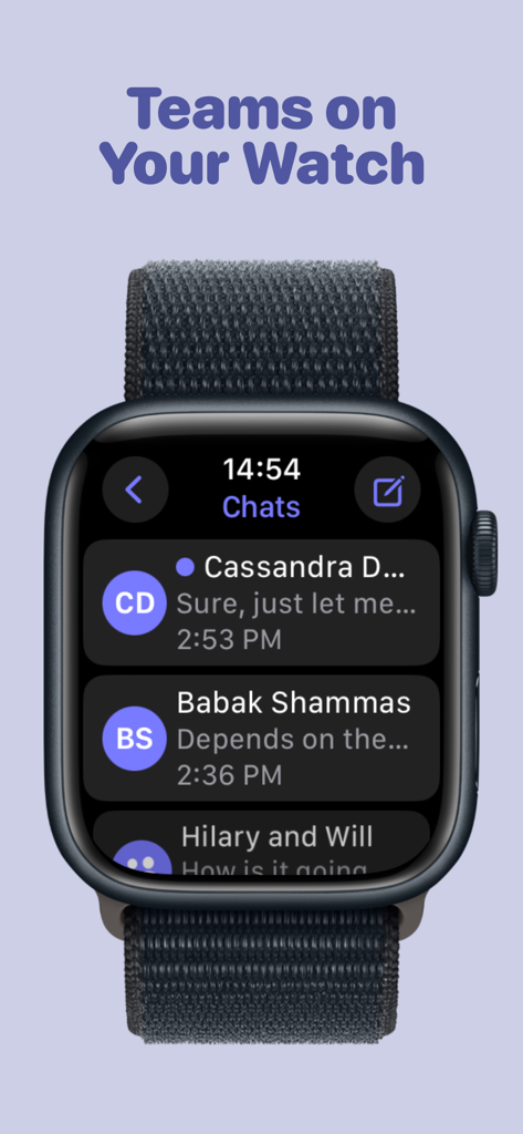 TeamsSync for Microsoft Teams - Una captura de pantalla de la aplicación TeamsSync en un Apple Watch mostrando una lista de conversaciones recientes de Microsoft Teams.