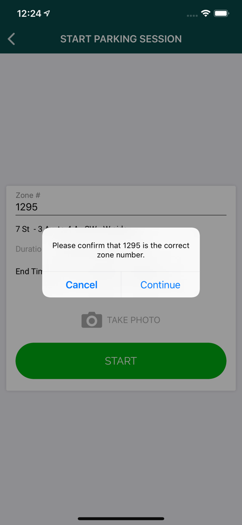 MyParking - MyParking app screen showing a pop-up to confirm the parking zone number before starting a session