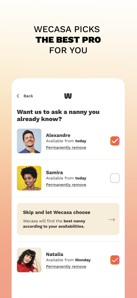 Housekeeping Services - Wecasa - Wecasa app interface showing options to select a known nanny or let the platform pick the best professional