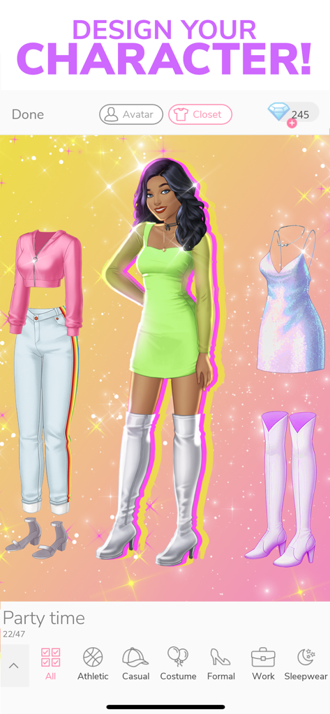 Episode - Choose Your Story - Schermata di personalizzazione di un personaggio femminile in Episode Choose Your Story che mostra diverse opzioni di abbigliamento alla moda per una festa.