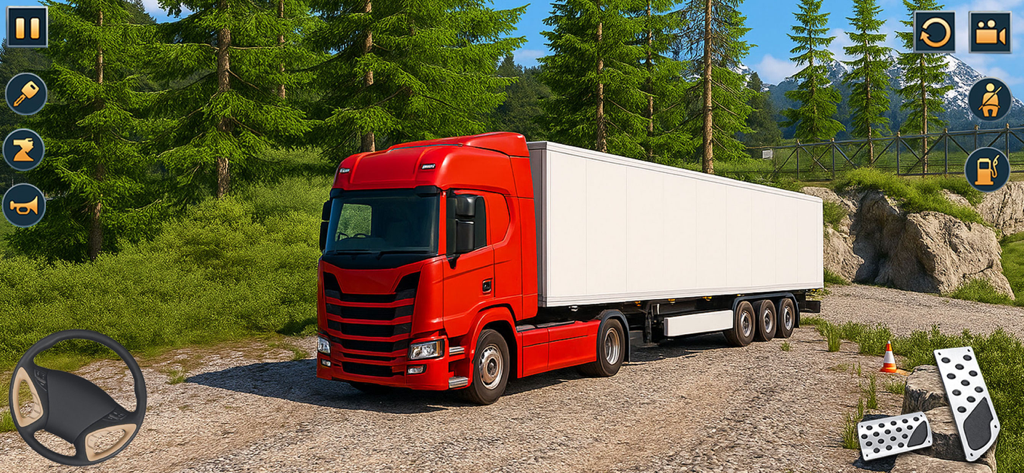 Un camión Euro rojo con un remolque de carga blanco estacionado en una carretera de montaña en un juego de simulación de conducción.