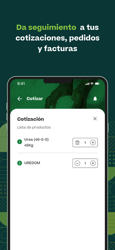Abodom - Interface do aplicativo Abodom exibindo uma lista de cotações de fertilizantes, incluindo produtos de Ureia e Uredom