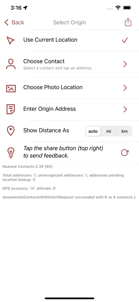 Nearest Contacts - Screen of the Nearest Contacts app showing location origin options like current location and manual address entry