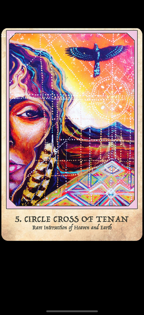 Earth Warriors Oracle Cards - Vibrant spiritual oracle card Circle Cross of Tenan featuring an eagle and indigenous inspired patterns.
