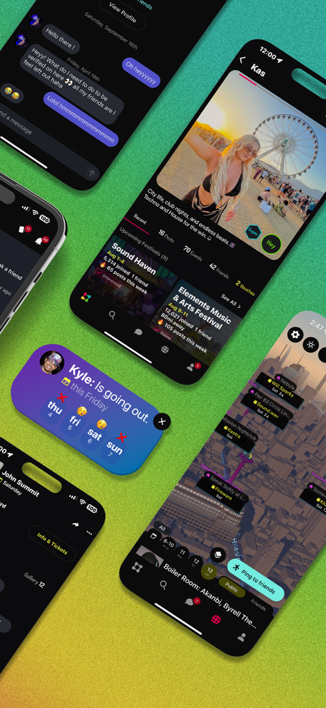 Radiate - Collage of Radiate app screens showing user profiles, festival event discovery, chat messages, and a 3D social map