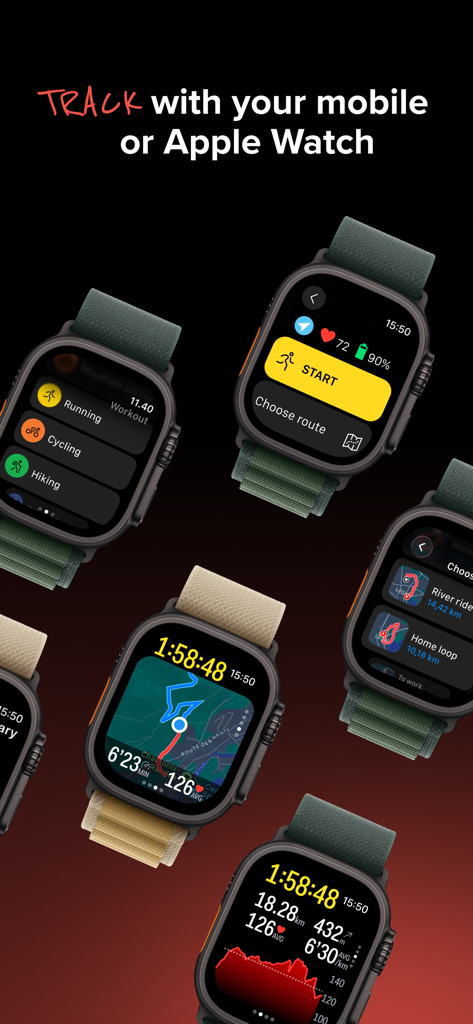 Sports Tracker: Run Bike Hike - Mehrere Apple Watch-Bildschirme, die die Sports Tracker App mit Aktivitätsauswahl, Routenkarten und Leistungsmetriken anzeigen.