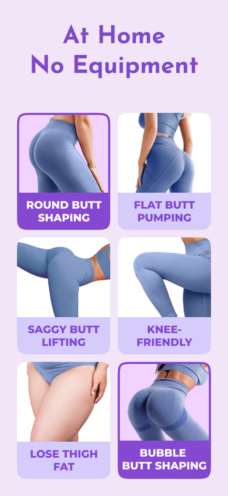Butt Workout: Fitness at Home - L'interface de l'application présente différents objectifs d'entraînement pour les fessiers et les jambes, comme le modelage, le raffermissement et la tonification.