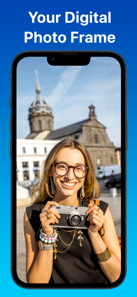 Slideshow Photos - PixFolio - PixFolio app on an iPhone showing a digital photo frame slideshow with a picture of a woman