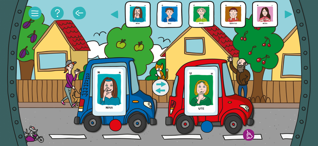 Artikulation - Escena interactiva de calle en la aplicación Artikulation donde los niños practican sílabas alemanas usando gestos sonoros en coches azules y rojos.