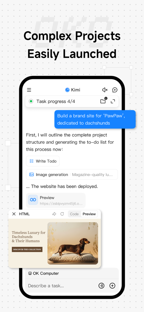 A smartphone showing the Kimi AI interface autonomously building and deploying a brand website based on a single prompt