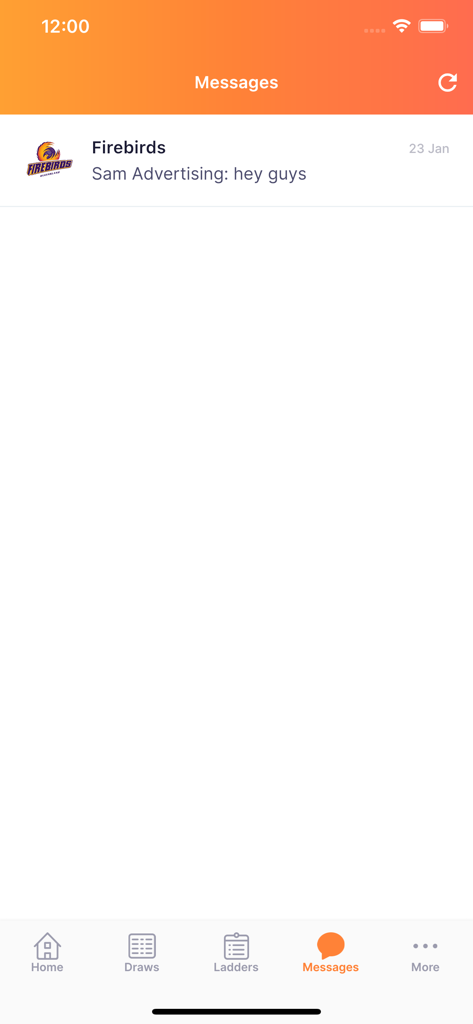 Messages screen of the NetballConnect app showing a team message notification from Firebirds.