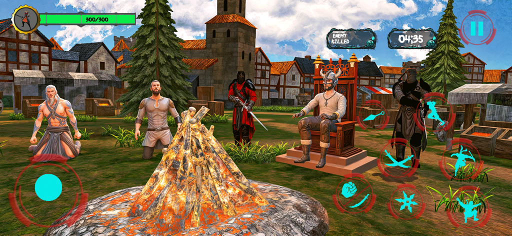 Shadow Ninja: Stealth Assassin - Gameplay screenshot of Shadow Ninja Stealth Assassin showing warriors in a medieval village and game UI controls